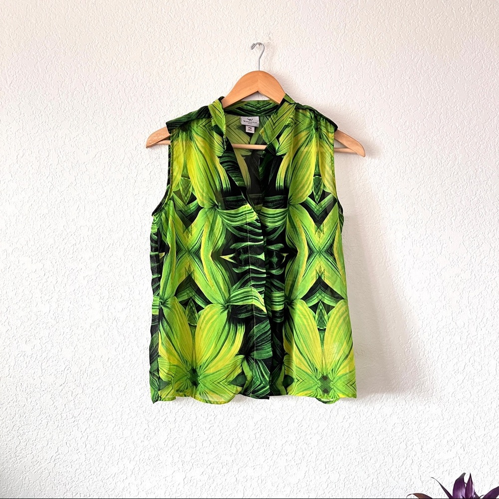 Worthington Green Tropical Flower Sleeveless Button Blouse Size Medium P…